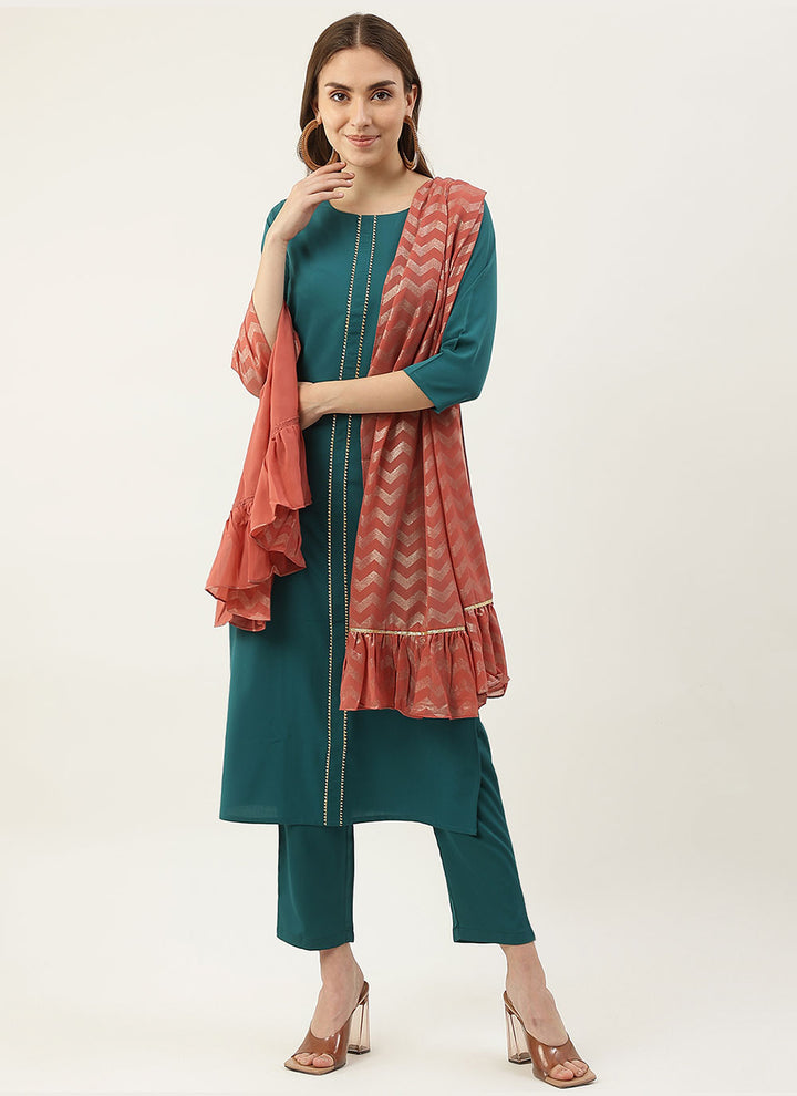 Garb These Beautiful Teal & Brown Crepe Readymade Suits | Handwork Designer Suits