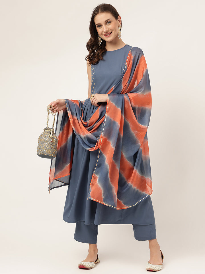 Designer Grey Crepe Suit | Solid and Printed Chinon Dupatta