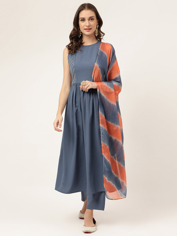 Designer Grey Crepe Suit | Solid and Printed Chinon Dupatta