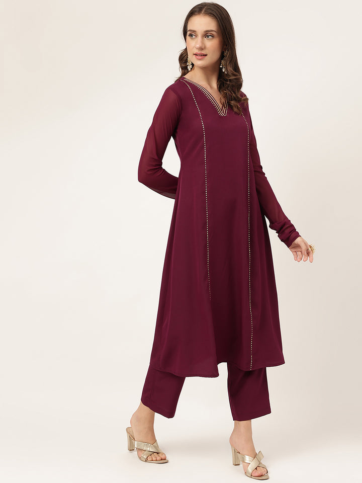 Designer Printed Burgundy Suit | Elegant Crepe Top and Georgette Dupatta