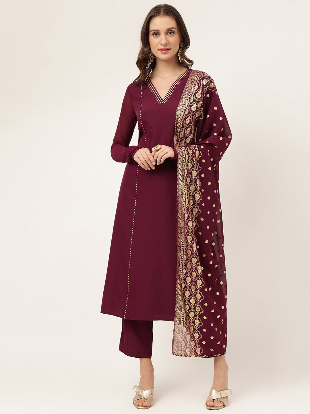 Designer Printed Burgundy Suit | Elegant Crepe Top and Georgette Dupatta