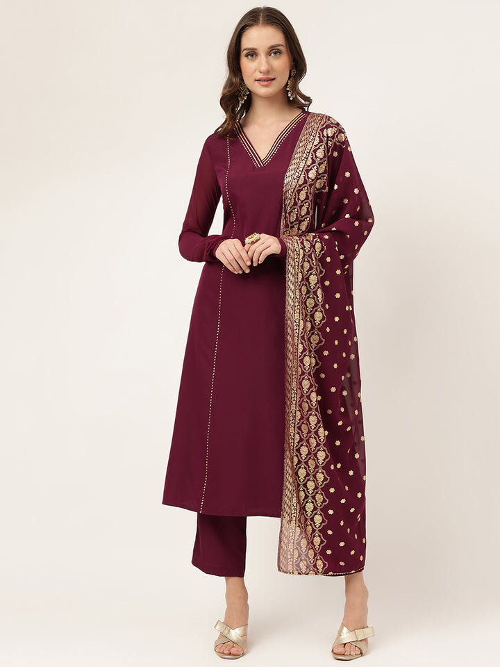 Designer Printed Burgundy Suit | Elegant Crepe Top and Georgette Dupatta