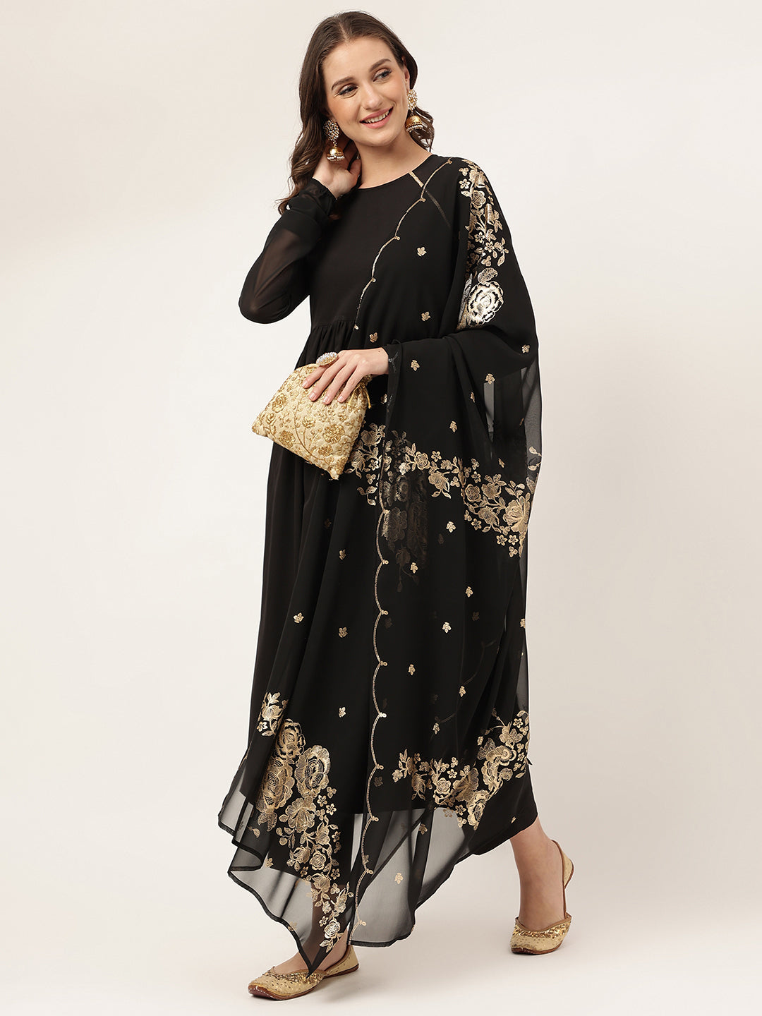 Solid Black Crepe Designer Printed Suit | Elegant Organza Dupatta Set