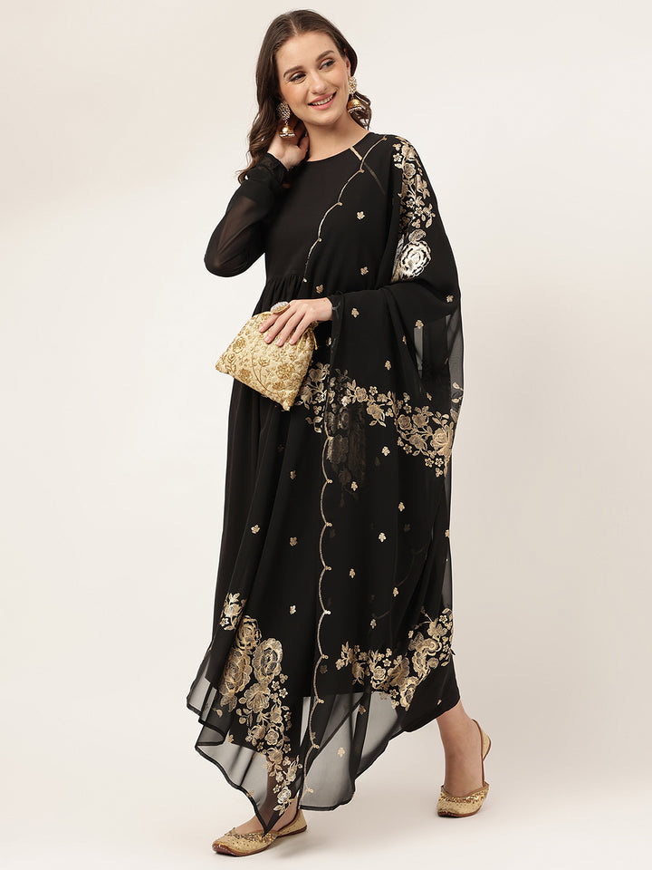Solid Black Crepe Designer Printed Suit | Elegant Organza Dupatta Set