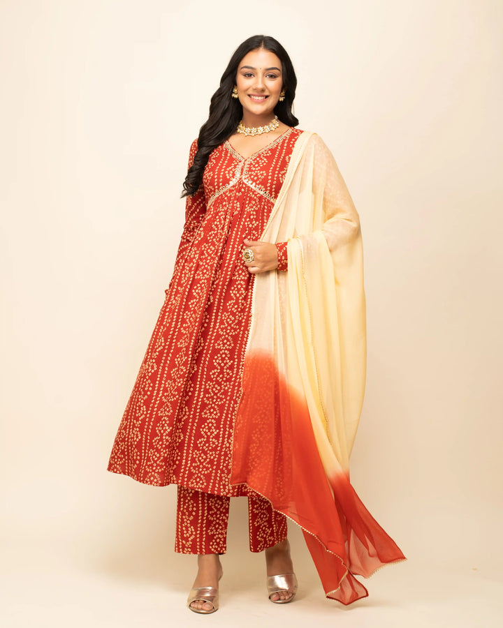 Stylish Orange Cotton Suit | Designer Print with Hand Work