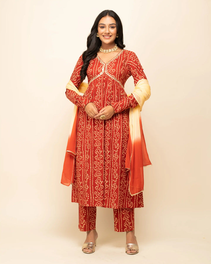 Stylish Orange Cotton Suit | Designer Print with Hand Work