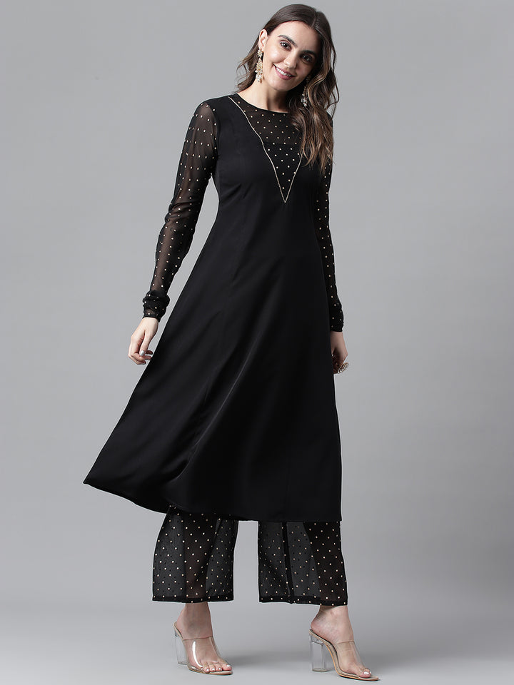 Black Designer Crepe Top & Bottom Set | Beautiful Printed Ready-Made Outfit