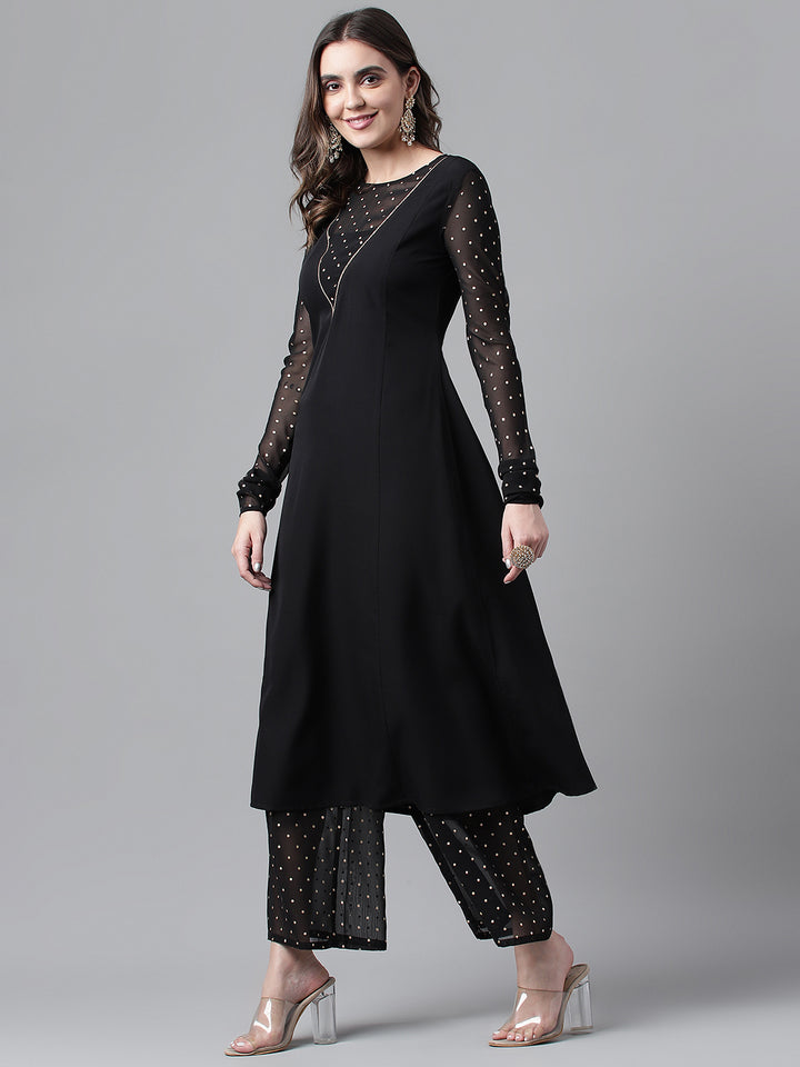 Black Designer Crepe Top & Bottom Set | Beautiful Printed Ready-Made Outfit