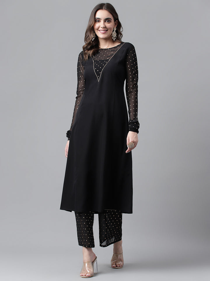 Black Designer Crepe Top & Bottom Set | Beautiful Printed Ready-Made Outfit