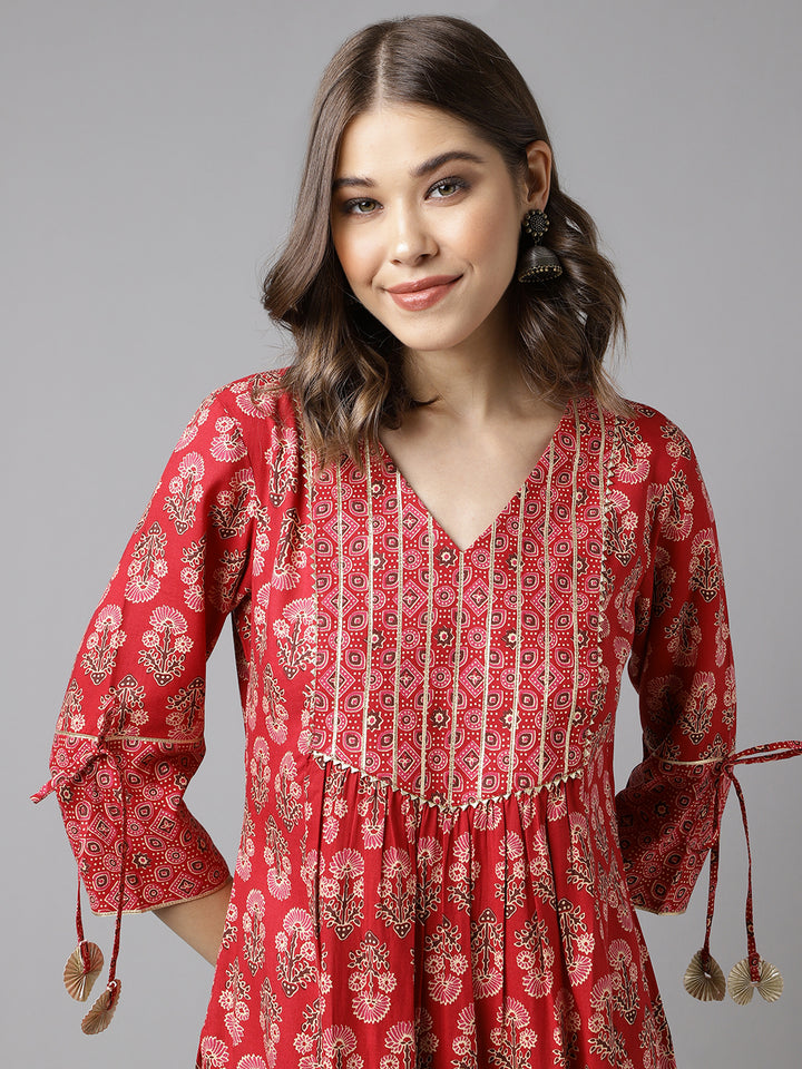 Stylish Red Cotton Set | Elegant Ready-Made Floral Printed Top with Bottom