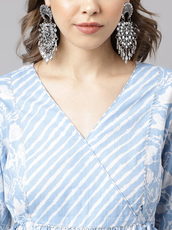 Stylish Blue Cotton Set | Elegant Ready-Made Floral Printed Top with Bottom