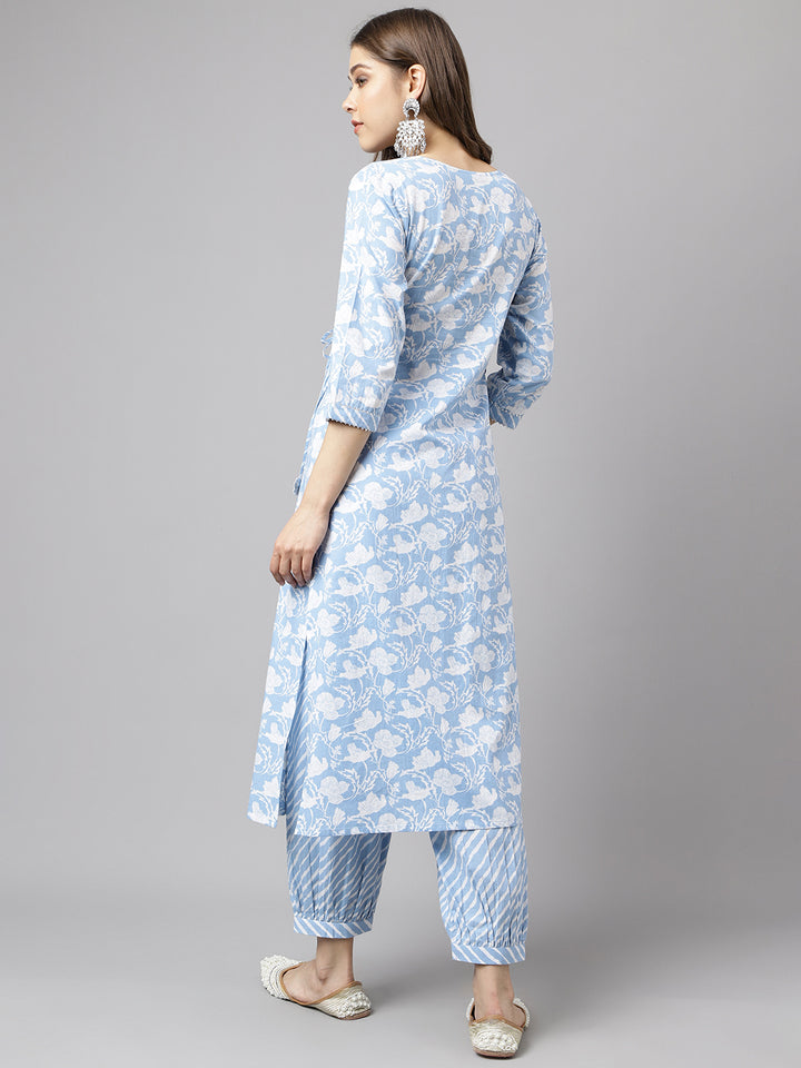 Stylish Blue Cotton Set | Elegant Ready-Made Floral Printed Top with Bottom