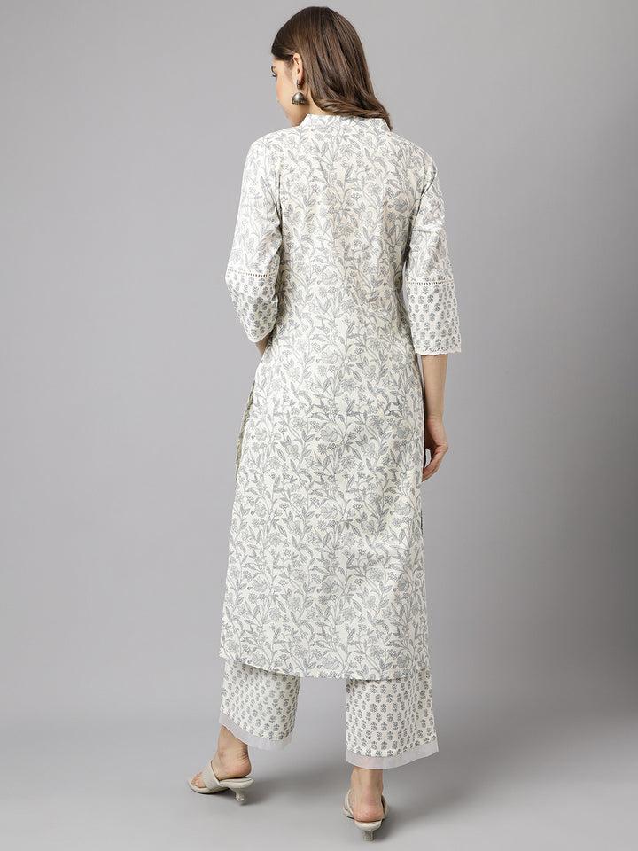 Stylish White Cotton Set | Elegant Ready-Made Floral Printed Top with Bottom