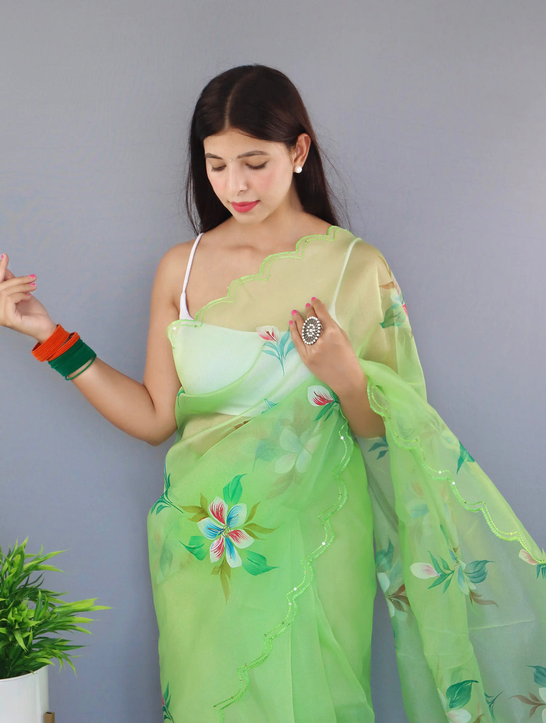 Designer Hand-Printed Organza Saree | Art-Silk Blouse for Weddings & Events