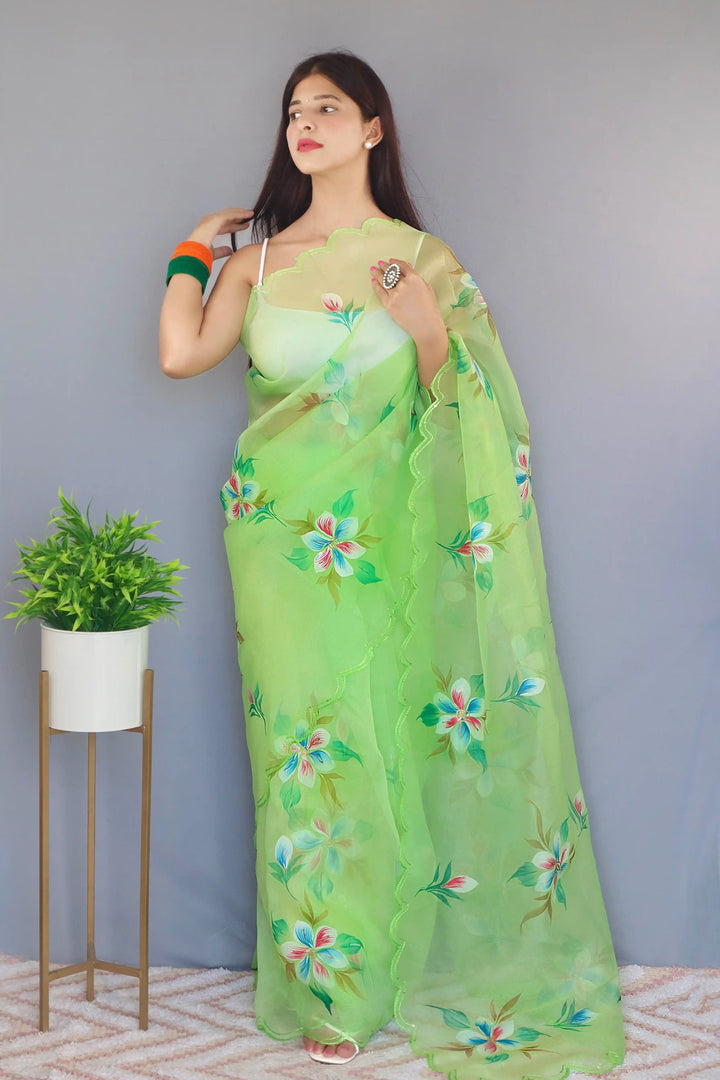 Designer Hand-Printed Organza Saree | Art-Silk Blouse for Weddings & Events