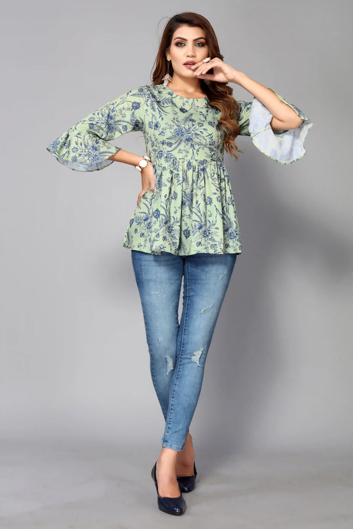 Green Designer Crepe Kurti | Beautiful Floral Digital Printed Kurti for Women
