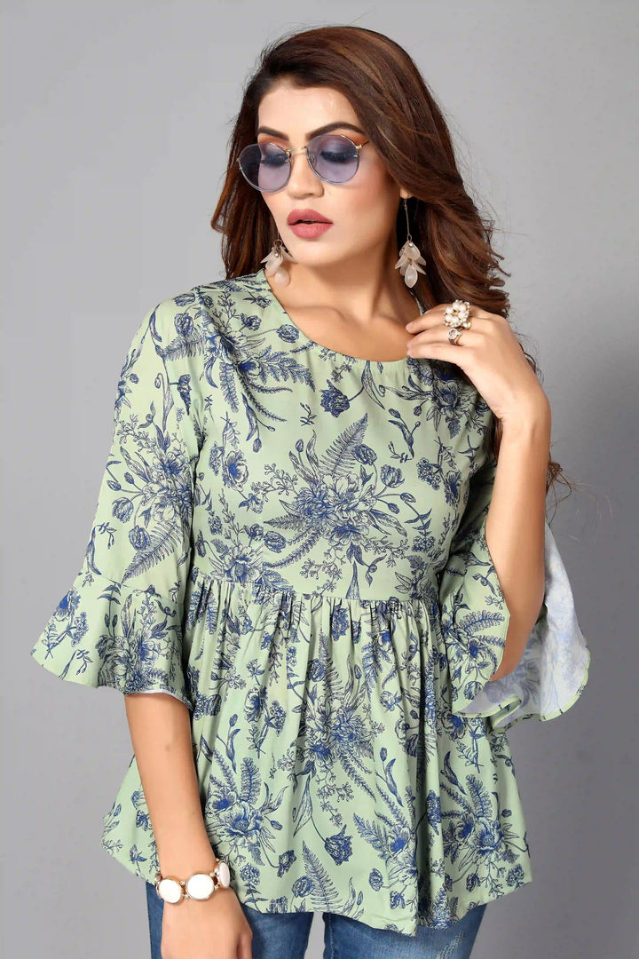 Green Designer Crepe Kurti | Beautiful Floral Digital Printed Kurti for Women