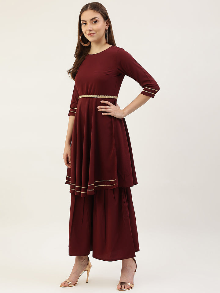 Comfortable & Stylish Maroon Kurti Set | Crepe Fabric Elbow Sleeves