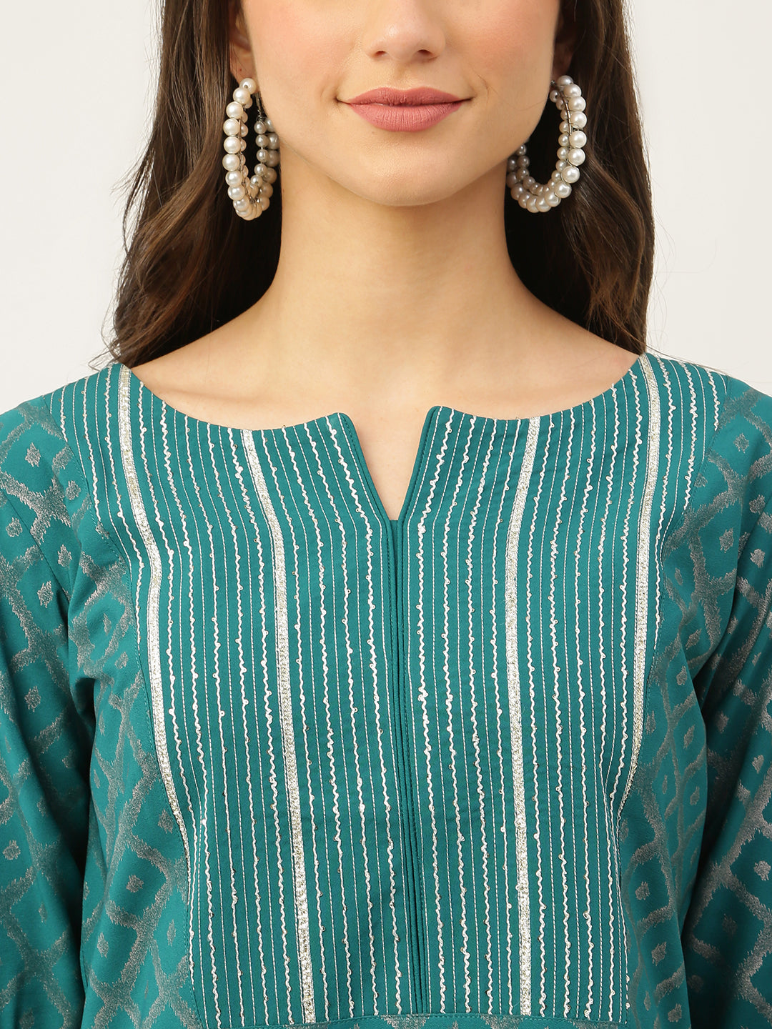 Elegant TealBlue Readymade Kurti Set | Soft Crepe Fabric Portrait Neck & Elbow Sleeves