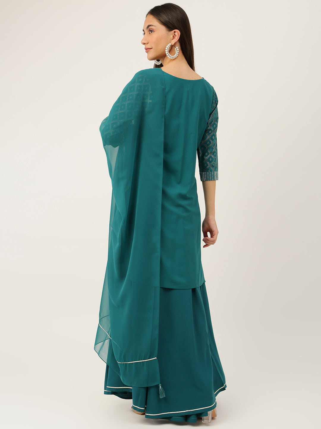 Elegant TealBlue Readymade Kurti Set | Soft Crepe Fabric Portrait Neck & Elbow Sleeves