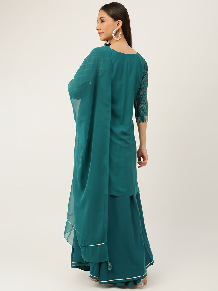Elegant TealBlue Readymade Kurti Set | Soft Crepe Fabric Portrait Neck & Elbow Sleeves