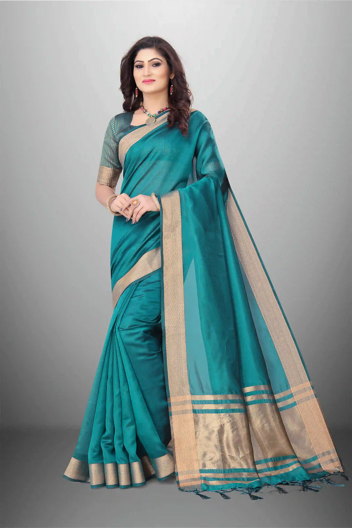 Elegant Cotton-Organza Saree with Wevon-Pallu-Border | for Weddings and Festive