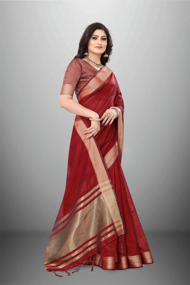 Elegant Cotton-Organza Saree with Wevon-Pallu-Border | for Weddings and Festive