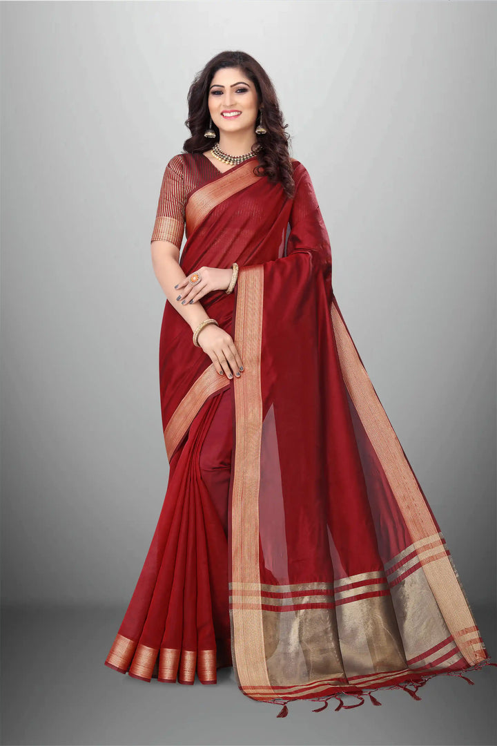 Elegant Cotton-Organza Saree with Wevon-Pallu-Border | for Weddings and Festive