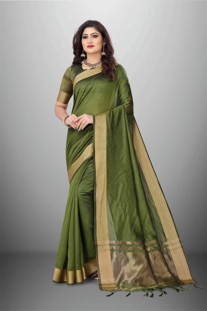 Elegant Cotton-Organza Saree with Wevon-Pallu-Border | for Weddings and Festive
