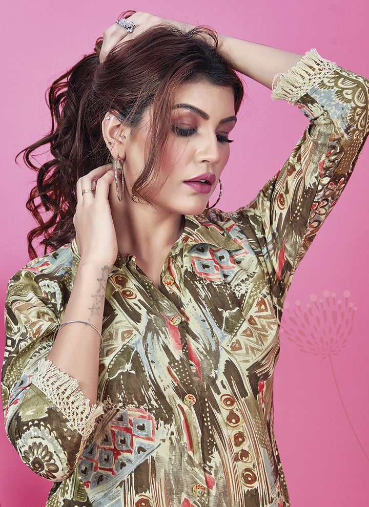 Stylish Brown Rayon Co-Ord Set | Digital Printed Top & Bottom