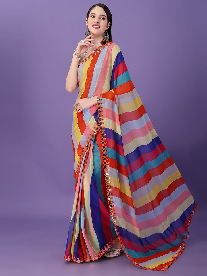 Lahriya Printed Georgette Saree with Jari Brocade Blouse | Festive Elegance