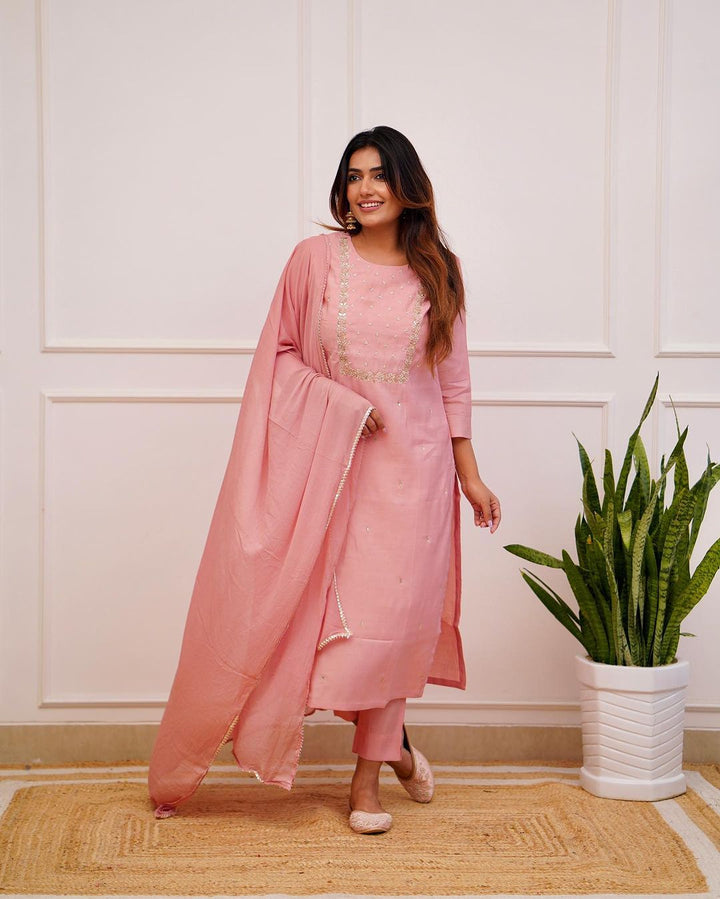Attractive Rayon Slub Top | Embroidered Chinon Dupatta & Bottom Set
