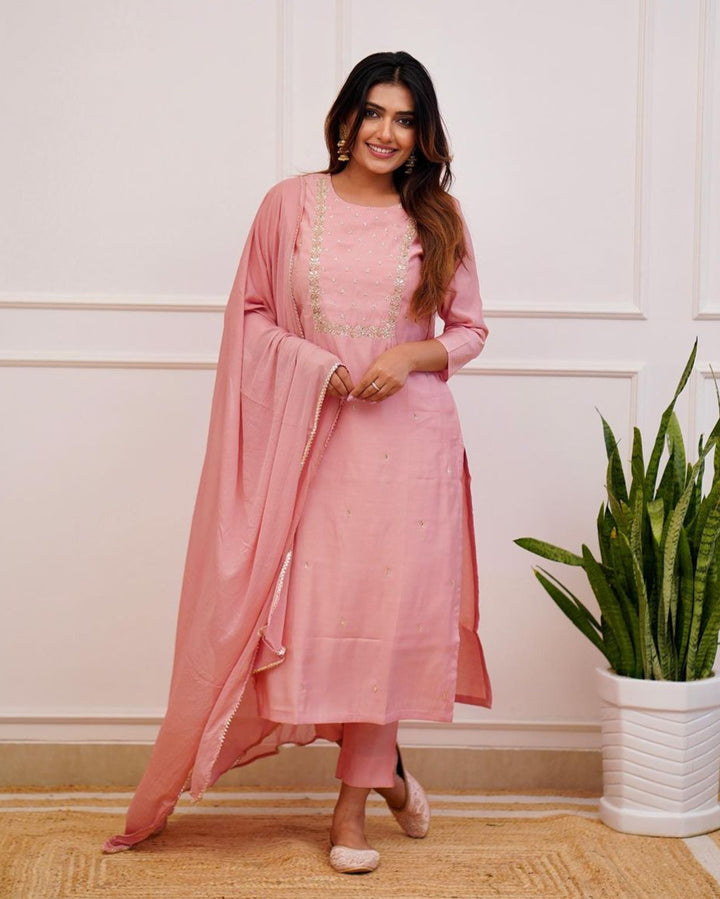 Attractive Rayon Slub Top | Embroidered Chinon Dupatta & Bottom Set