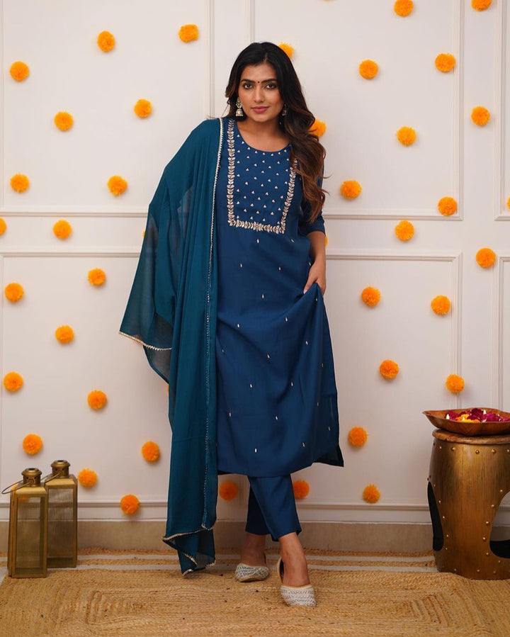 Attractive Rayon Slub Top | Embroidered Chinon Dupatta & Bottom Set