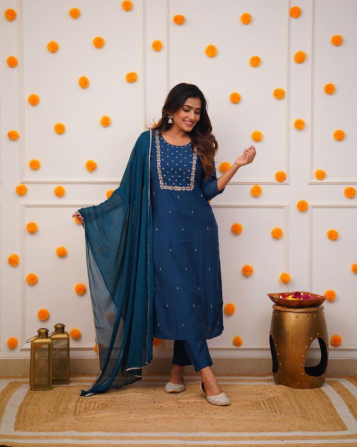 Attractive Rayon Slub Top | Embroidered Chinon Dupatta & Bottom Set