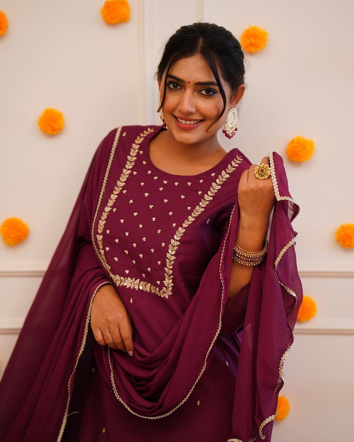 Attractive Rayon Slub Top | Embroidered Chinon Dupatta & Bottom Set