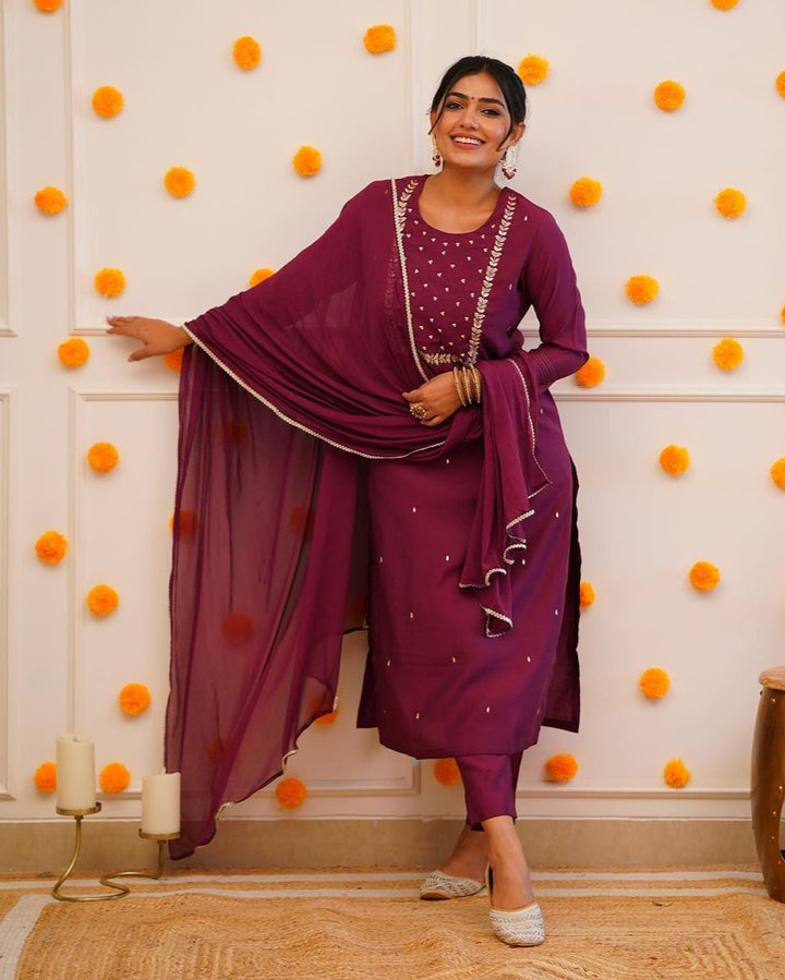 Attractive Rayon Slub Top | Embroidered Chinon Dupatta & Bottom Set