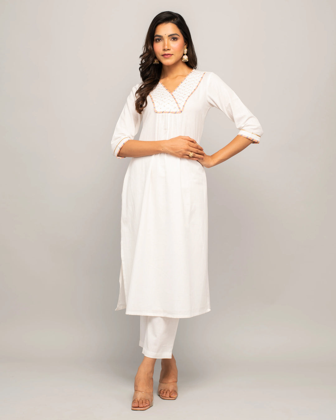 Solid Hand Work Readymade Suits | Stylish Cotton Top & Chiffon Dupatta