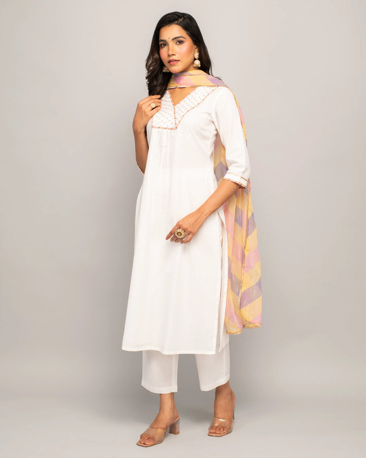 Solid Hand Work Readymade Suits | Stylish Cotton Top & Chiffon Dupatta
