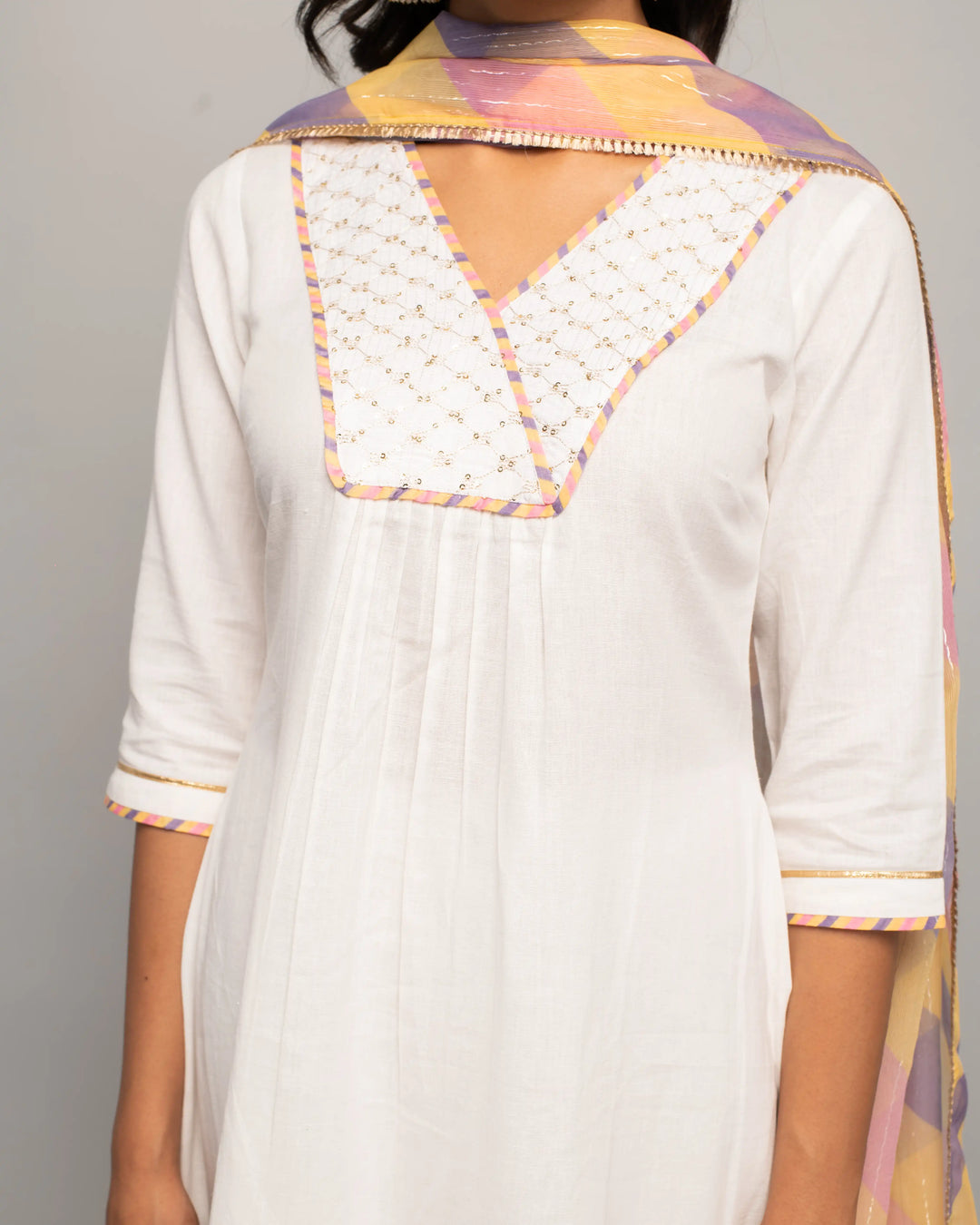 Solid Hand Work Readymade Suits | Stylish Cotton Top & Chiffon Dupatta