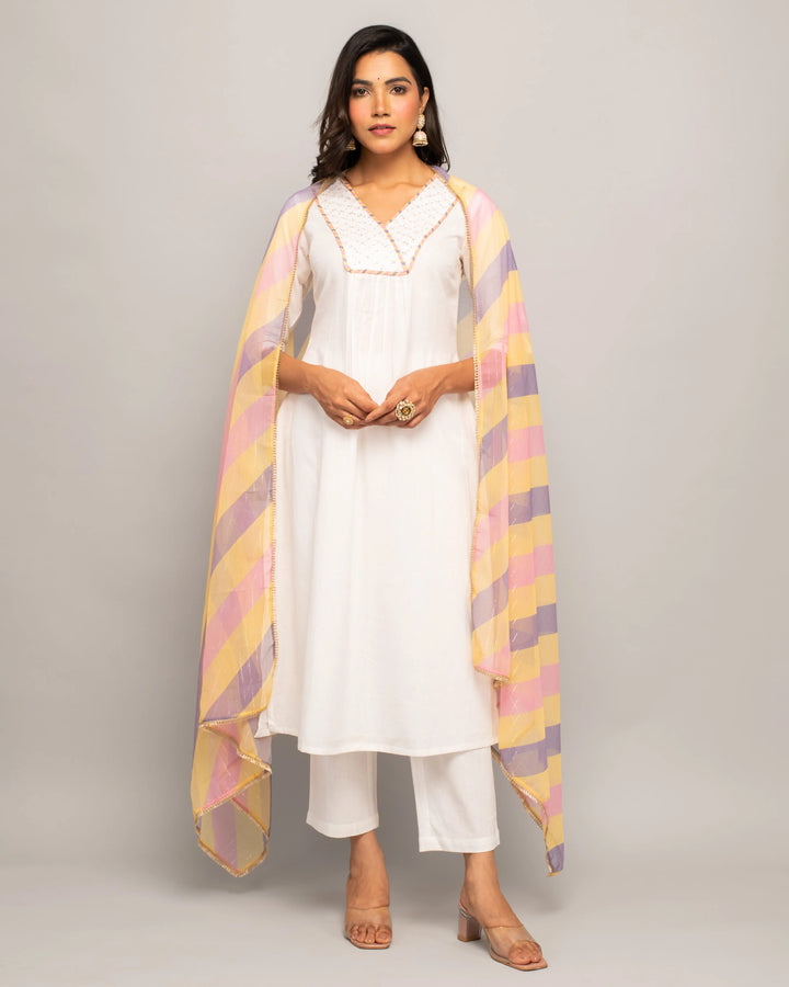 Solid Hand Work Readymade Suits | Stylish Cotton Top & Chiffon Dupatta