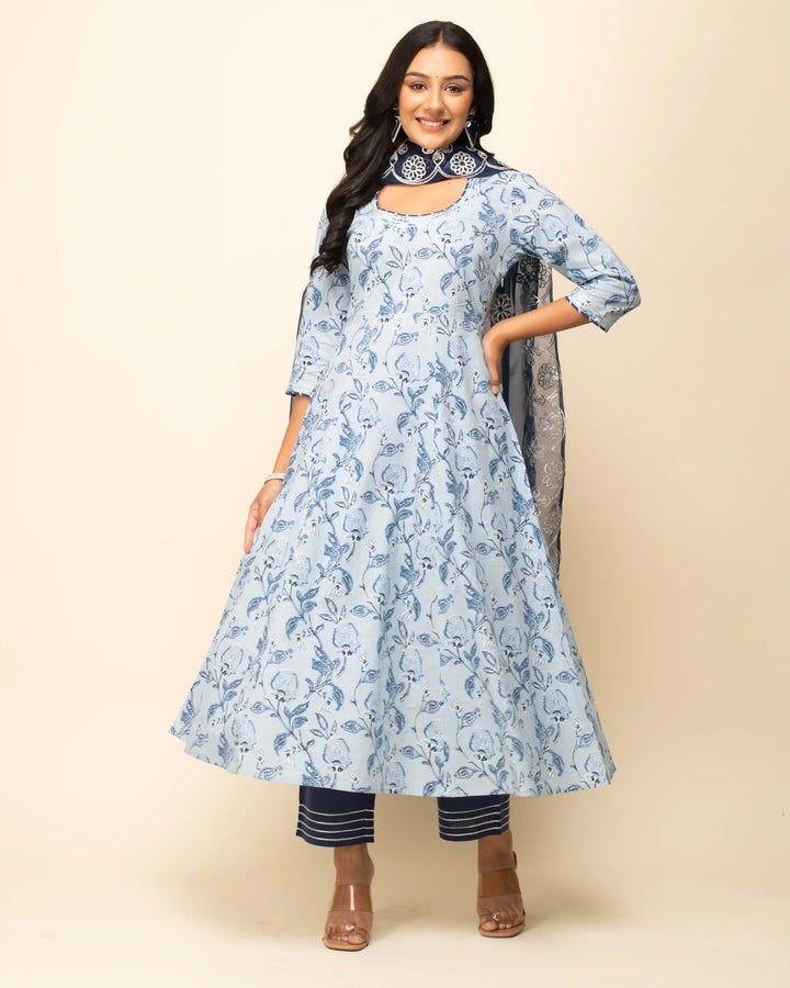 Elegant Designer Printed Suit | Cotton Top with Organza Dupatta