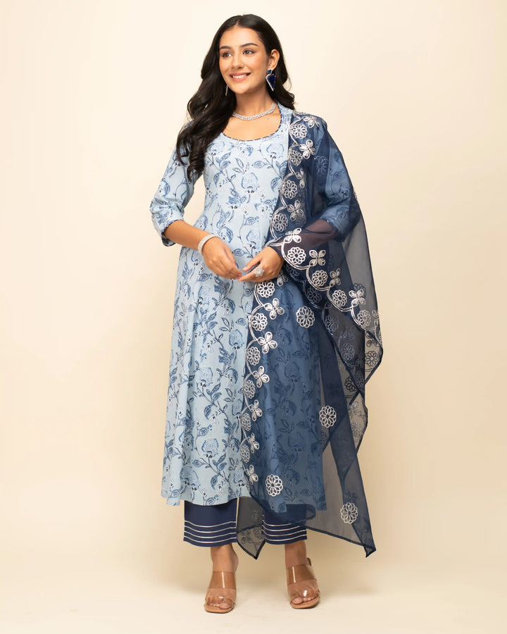 Elegant Designer Printed Suit | Cotton Top with Organza Dupatta