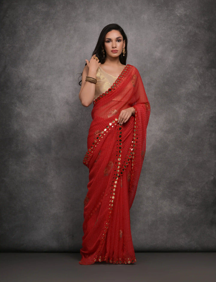Designer Georgette Saree | Satin Gotta Blouse with Foil Printed Design