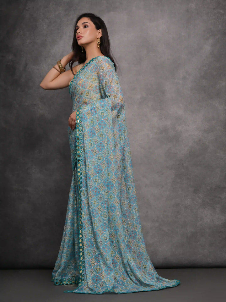 Georgette Saree | Foil Printed Design with Satin Gotta Blouse for Festive Wear