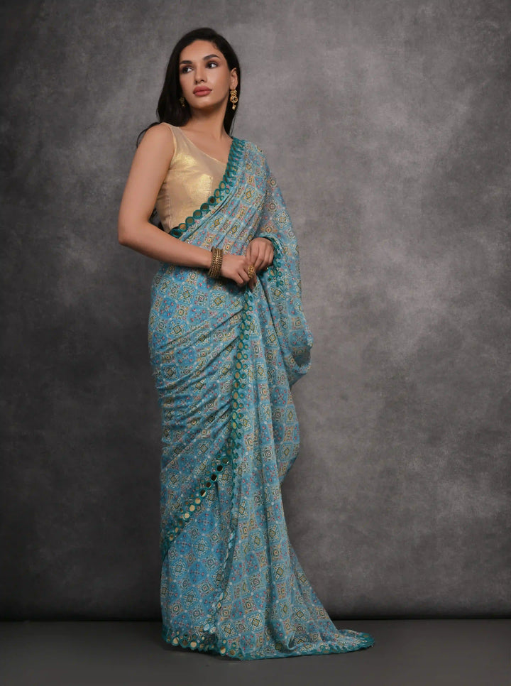 Georgette Saree | Foil Printed Design with Satin Gotta Blouse for Festive Wear