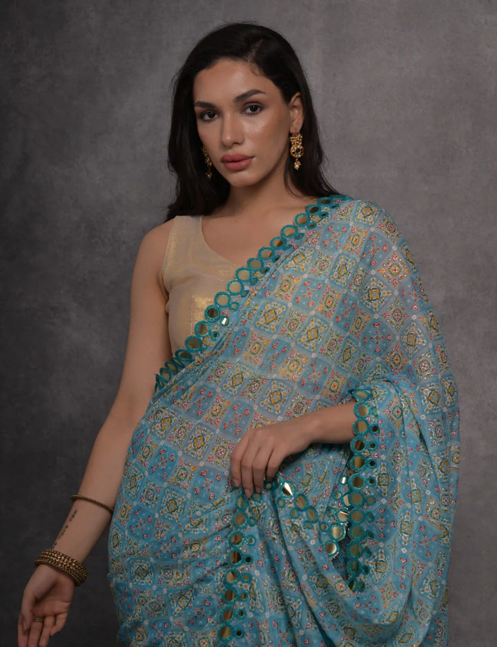 Georgette Saree | Foil Printed Design with Satin Gotta Blouse for Festive Wear