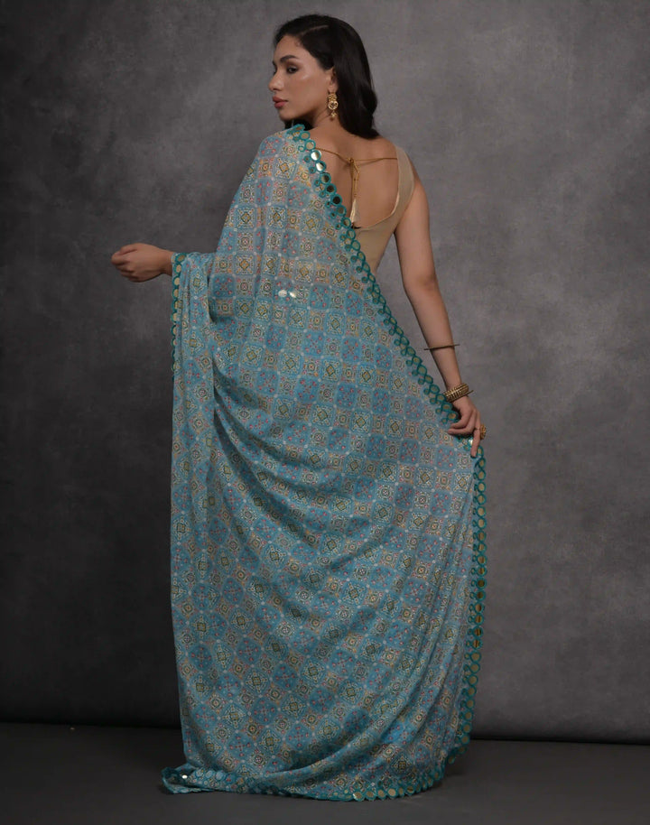 Georgette Saree | Foil Printed Design with Satin Gotta Blouse for Festive Wear
