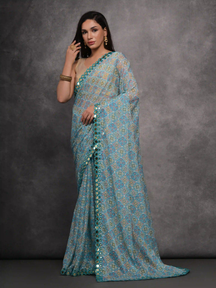 Georgette Saree | Foil Printed Design with Satin Gotta Blouse for Festive Wear