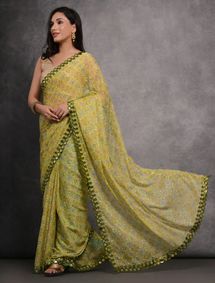 Georgette Saree | Foil Printed Design with Satin Gotta Blouse for Festive Wear